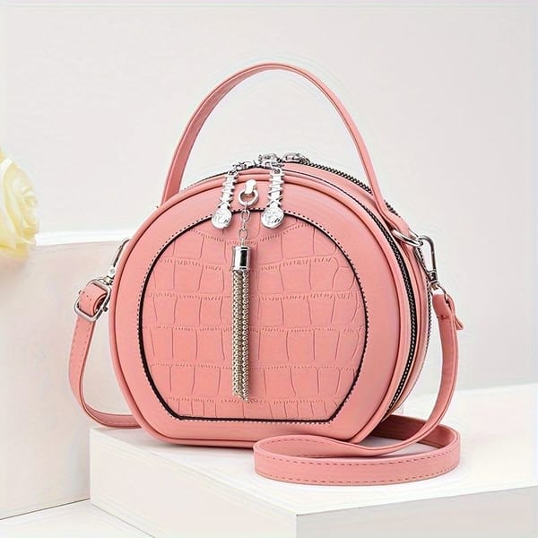 Round Croc-Embossed Handbag with Tassel – Pink