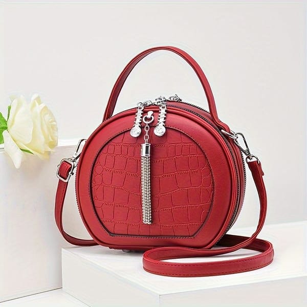 Round Croc-Embossed Handbag with Tassel – Burgundy
