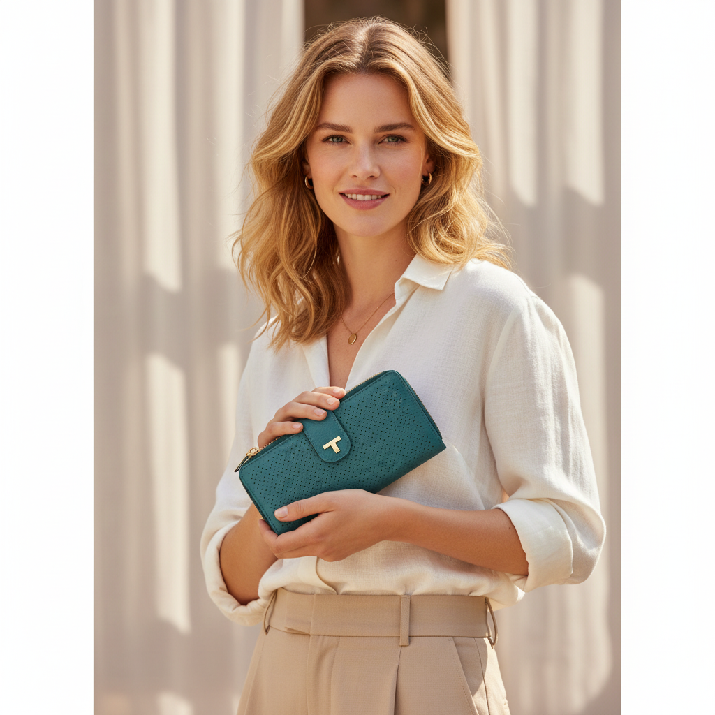 Teal Perforated Wallet Lifestyle